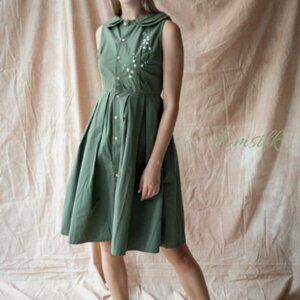 Emsilk Design Hand Embroidered Linen Dress: Olive Green Floral Tea Dress